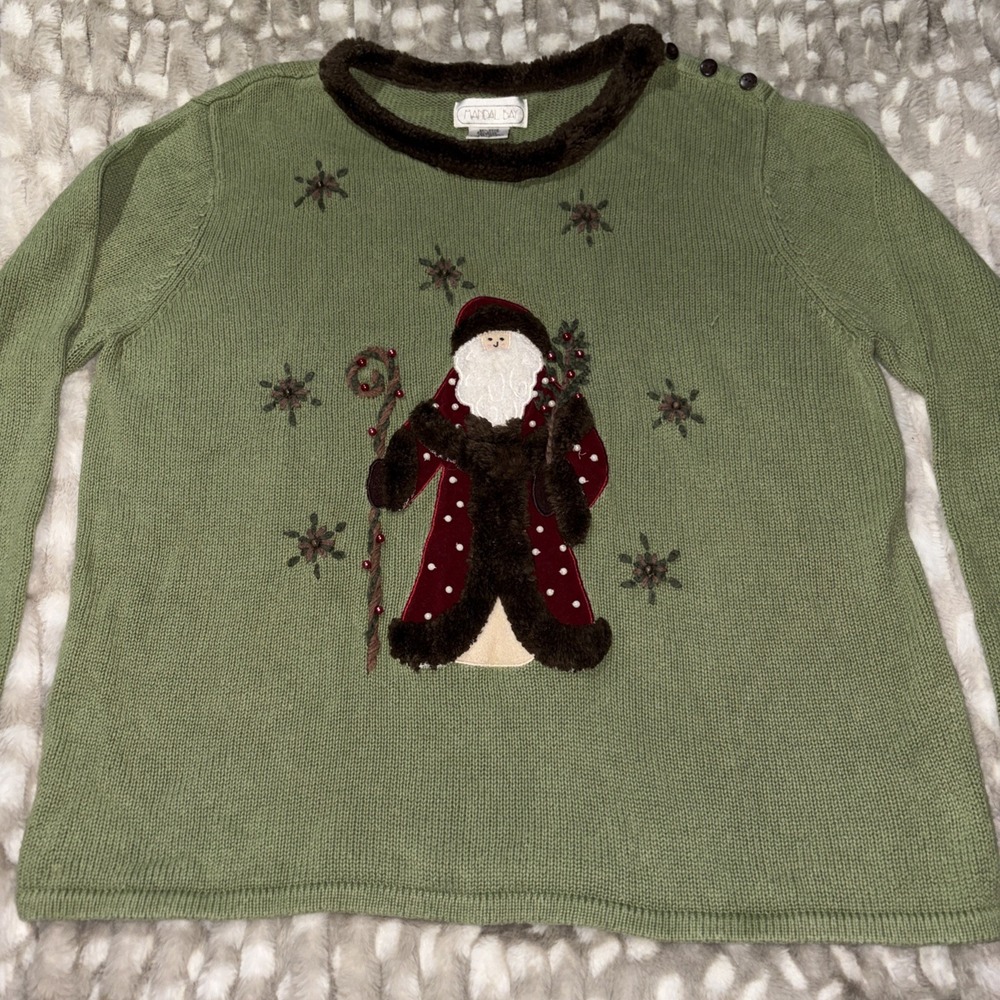 Vtg Mandal Bay Sweater Cottagecore Womens XXL Faux Fur Beaded Embroidered Santa